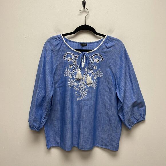 Talbots Women Blue Embroidered Linen Cross Dye Split V-Neck Tassel Peasant Top L - Picture 1 of 9